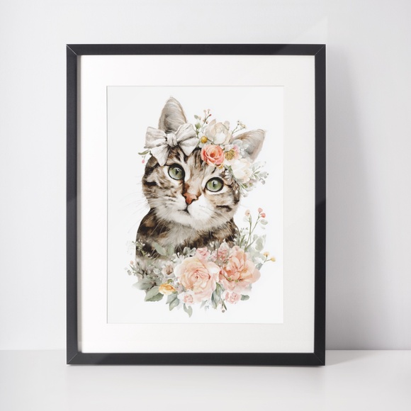 Watercolor American Shorthair Cat with Flower Crown Wall Art Print - Picture 3 of 6